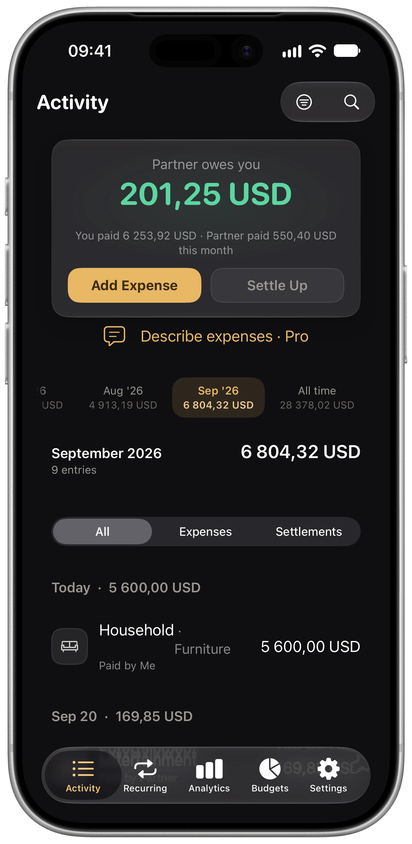 Tallio’s shared balance and expense history